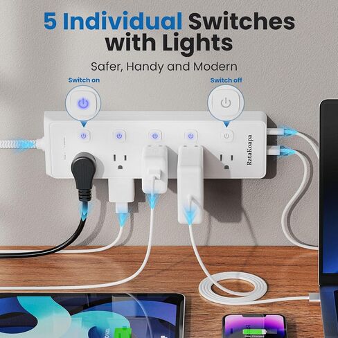 قطاع طاقة الحامي للرقابة 10 أقدام سلك - 10 منافذ التيار المتردد 4 USB (2 USB C) ، سلك تمديد المكونات المسطحة مع مفاتيح فردية ، جدار ، محطة شحن المكتب للمكتب المنزلي ، 1050J in Saudi Arabia