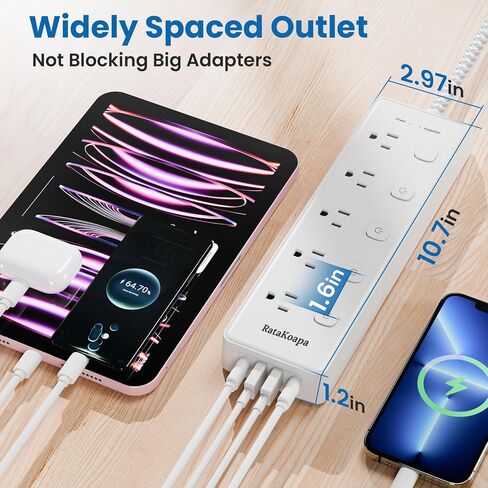 قطاع طاقة الحامي للرقابة 10 أقدام سلك - 10 منافذ التيار المتردد 4 USB (2 USB C) ، سلك تمديد المكونات المسطحة مع مفاتيح فردية ، جدار ، محطة شحن المكتب للمكتب المنزلي ، 1050J in Saudi Arabia