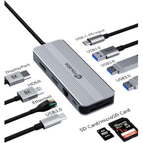8K USB C Docking Station, 10-in-1 USB C Hub Adapter, with 4K@60Hz HDMI and DisplayPort, 100W PD, 5Gbps USB-C Data Ports,4*USB A 3.0, Gigabits Ethernet, SD/TF Card Slots for MacBook, Dell
