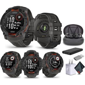 Garmin Instinct 3 50mm, Solar Charged Display, Rugged Outdoor GPS Smartwatch, Metal-Reinforced Bezel, Built-in Flashlight, Charcoal (010-02935-00) with Earbuds Bundle