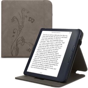 kwmobile Cover Compatible with Kobo Libra Colour - Faux Nubuck Leather e-Reader Case with Built-in Hand Strap and Stand - Butterfly Tendril Grey