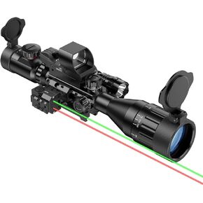 MidTen 4-16x50 AO Scope Combo with Green/Red Dual Laser Sight, 5-in-1 Combo with Dual Illuminated Optics Scope & 4 Reticle Holographic Reflex Sight & Dual Color Laser Sight & Flashlight & Mount