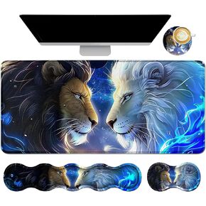 4Pcs Memory Foam Keyboard Mouse Wrist Rest Pad + Gaming Desk Mat 31.5" * 11.8" + Mouse Wrist Cushion + Coasters Set, Non-Slip Desk Pad Protector for Laptop Computer Home, Black White Tiger