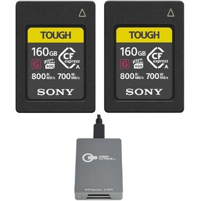 Sony Tough 160GB CFexpress Type-A Memory Card, 2-Pack, Bundle with USB-C CFexpress Type-A and SD UHS-II Card Reader