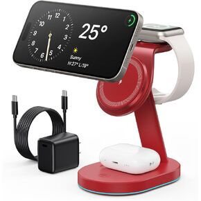 3 in 1 Wireless Charger Charging Station for iPhone,15W Fast Charger Magnetic Charging Stand for Mag-Safe with 30W USB C Adapter&Friendly Night Light for iPhone 16/15/14/13/12,Apple Watch,AirPods