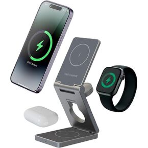 3-in-1 Foldable Magnetic Wireless Charger for iPhone & Samsung phones, smart watch and earbuds, Gray