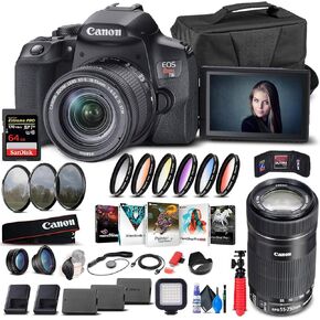 Canon EOS Rebel T8i DSLR Camera with 18-55mm Lens (3924C002) + Canon EF-S 55-250mm Lens + 64GB Memory Card + Case + Corel Photo Software + 2 x LPE17 Battery + Card Reader + More (Renewed)