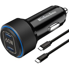 60W Dual USB C Car Charger, Type C Super Fast Car Charger Adapter with 4FT C to C Cord Compatible with Samsung Galaxy S23/S22/S21/Ultra/Plus, iPad Pro, Pixel