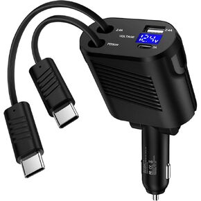 4 in 1 Retractable Car Charger, 45W USB C Car Charger Adapter with Type C Fast Charging Cable for iPhone 16 15 Pro Max Plus, Samsung Galaxy S25 Ultra S24 FE S23 S22 S21 S20 A16 5G A15 A14 A35 A55 A54