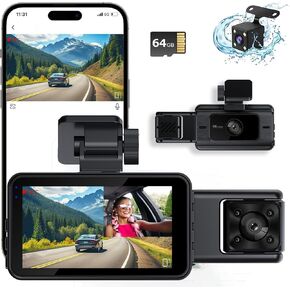 3 Channel Dash Cam Front and Rear, 1080P Dash Camera for Cars, Car Camera with 64GB Card, G-Sensor, 3" IPS Screen, 24Hr Parking, 170°Wide Angle, Loop Recording, IR Night Vision，G-Sensor