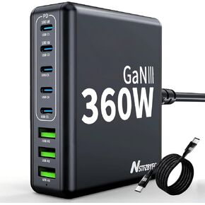 360W USB C Charger Block 8 Port Fast Charging Station Hub Upgraded GaN III PD 100W Laptop Charger Adapter Compatible with MacBook Pro/Air, DELL,iPad, iPhone16/15, Galaxy, Steam Deck (Black)