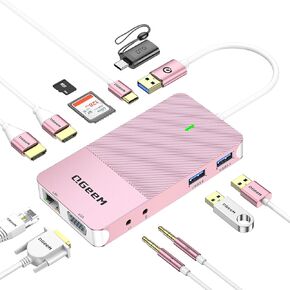 QGeeM USB 3.0 Laptop Docking Station, Triple Display USB Hub Hdmi Dual Monitor,USB Dock with 2 HDMI, VGA, USB 3.0, Card Reder Compatible for MacBook M1 M2 M3 M4 Dell HP Lenovo -Pink