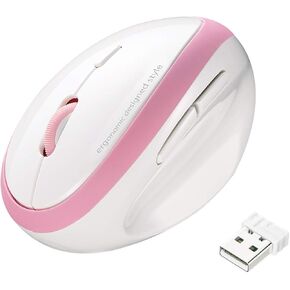 SANWA 2.4G Wireless Ergonomic Mouse, Vertical Ergo Mouse for Small Hands, Cordless Mice for Wrist Pain, 800/1200/1600 DPI, 5 Buttons, Compatible Mac, Windows, PC, Desktop, White and Pink