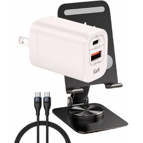 Rocket Charger 33W GaN Fast Charger with PPS & PD, USB-C Cable and Rotating Metal Phone Stand Included, Foldable Power Adapter – Compatible with iPhone 16, Samsung Galaxy S24/S23, iPad Pro, and More