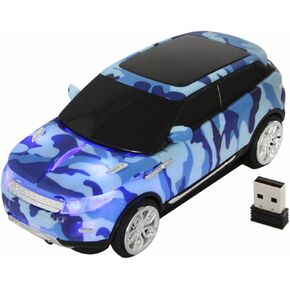 Car Mouse,USB Wireless Car Mouse Race Sports Car Shaped Mouse, 2.4GHz 1600DPI Optical Gaming Cordless Small Mice for PC Desktop Laptop Computer Notebook for Children Kids Gift(Camouflage Blue)