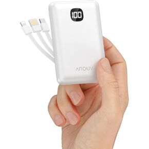 ANOUV Portable Charger 10000mAh Mini Power Bank with Built in Cable, Small External Battery Pack Travel Essentials with LED Display for iPhone 16/15/14/13 Samsung S22 S21 iPad Android ect