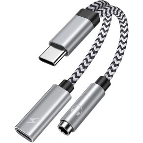 USB Type C Splitter 2-in-1 USB-C to Aux Audio Adapter with PD Fast Charging Dongle Cable,USB C to 3.5mm Headphone Jack Adapter for Samsung Galaxy A15 A54 S24 S23 Ultra S22 S21 S20 Note 20,Pixel 8 7 6
