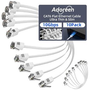Adoreen Cat 6 Flat Ethernet Cable 6 Ft/10 Pack, High-Speed Internet Network Cable with Low Profile&Compact RJ45 Connector, Thin Slim Flexible Short Patch Cord, 10Gbps, POE for Cat6 Cat 5e 5, Black