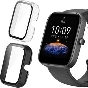 Compatible with Amazfit Bip 3 Pro Case, Lamshaw Hard PC Case with Tempered Glass Screen Protector Compatible with Amazfit Bip 3 / Bip 3 Pro Smartwatch (2 Pack-Black+Clear)