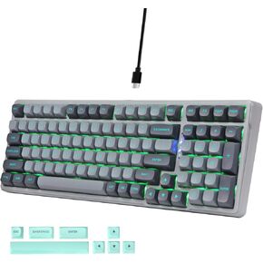 E-Yooso Wired Mechanical Gaming Keyboard, Gasket Structure with Sound Dampening Foam, Clicky Blue Switches, Green LED Backlit RGB Side Light, 99 Keys Custom Keyboard for PC,Gray/Black