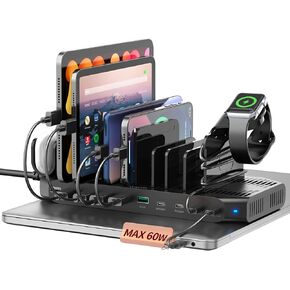 Alxum 140W USB C Charging Station -10 Port Fast Charging Station with QC 3.0 & 4 * USB C PD 60W+45W+30W, Multi Device Charger Organizer Compatible with Laptop, iPad, Tablet, Cell Phone and More