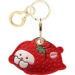 Leather Keychain Case Holder Compatible with AirTag, Anti-Scratch Apple Air Tag Cover with Keychain Ring,Cute Protective Finder GPS Tracker Case for Wallet,Keys,bag,pets(Strawberry Rabbit)