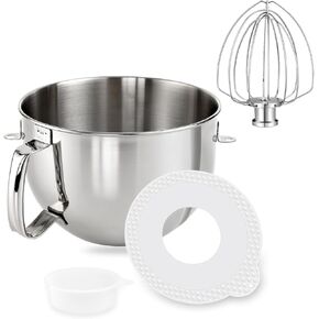6 QT Stainless Steel Mixer Bow & K256WW Whisk for Kitchen aid 5.5-6 Quart Bowl-Lift Stand Mixer Replacement, 6 Wire Whip and Mixing Bowl with Cover for KitchenAid Mixers Attachments