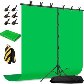 Green Screen Backdrop with Stand, 8x7.2ft Portable Greenscreen Background with Stand, T-Shape green screen Stand kit with 6 Spring Clamps, Sandbag, Carry Bag for Zoom, Video, Streaming and Photoshoot