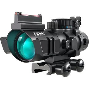 PINTY 4x32 Tactical Rifle Scope with Fiber Optic Sight, Red Green Blue Illuminated Reticle Prism Scope with 3 Brightness Levels, Hunting Gun Scope with Mount for 20 mm Picatinny Rails