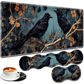 Large Gaming Mouse Pad + Keyboard Wrist Rest + Wrist Support + Coaster Set, Memory Foam Ergonomic for Easy Typing, XXL Extended Gaming Mouse Pad Table Pad - Branch Crow