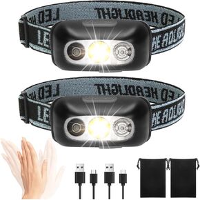 Headlamp Rechargeable, 2-Pack LED Headlamp Flashlight Rechargeable Headlight 45°Adjustable Waterproof Motion Sensor Head Lamp 4 Modes for Outdoor Camping Hiking Fishing Cycling Running Repairing