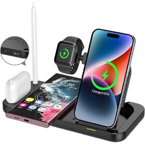 5 in 1 Wireless Charger for Apple Multiple Devices 72W Fast Wireless Charging Station with USB Ports Foldable Charging Dock Stand for Different iPhone Galaxy Android Phones Apple Watch Black