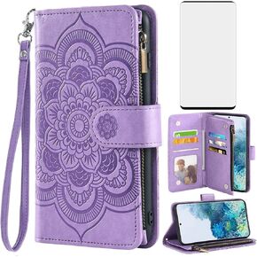 Asuwish Compatible with Samsung Galaxy S20 Plus Glaxay S20+ 5G Wallet Case and Tempered Glass Screen Protector Flip Card Holder Cell Phone Cover for Gaxaly S20+5G S20plus 20S + S 20 20+ G5 Men Purple