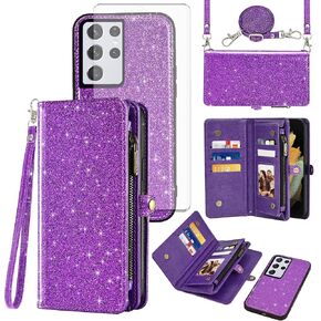 Asuwish Phone Case for Samsung Galaxy S21 Ultra 5G Zipper Wallet Detachable Cell Cover with Tempered Glass Screen Protector Wrist Strap Flip Card Holder Slot S21ultra 21S S 21 21ultra G5 Women Purple