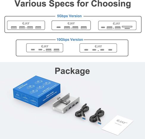 10GBPS USB C HUB-EJAY 4Ports Aluminium USB 3.2 Docking Hub Clamp Design for Desk/Computor مع منفذ تزويد الطاقة الإضافي و 47 بوصة كابل بيانات طويل و 39 بوصة كابل طاقة (JK-4C-SV) in Kuwait