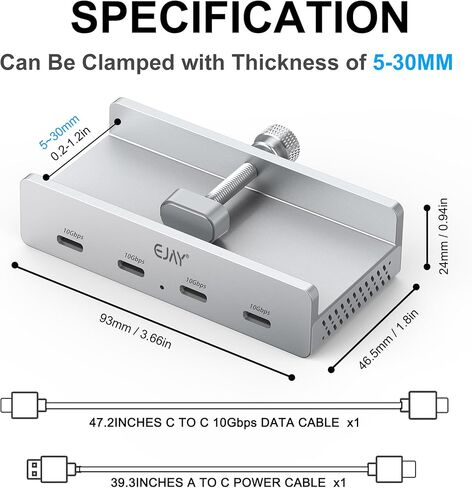10GBPS USB C HUB-EJAY 4Ports Aluminium USB 3.2 Docking Hub Clamp Design for Desk/Computor مع منفذ تزويد الطاقة الإضافي و 47 بوصة كابل بيانات طويل و 39 بوصة كابل طاقة (JK-4C-SV) in Kuwait
