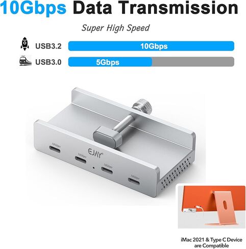 10GBPS USB C HUB-EJAY 4Ports Aluminium USB 3.2 Docking Hub Clamp Design for Desk/Computor مع منفذ تزويد الطاقة الإضافي و 47 بوصة كابل بيانات طويل و 39 بوصة كابل طاقة (JK-4C-SV) in Kuwait