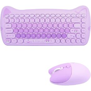 Cute Cat 2.4G USB Wireless Keyboard and Mouse Combo, Typewriter Flexible Keys, Candy Colors, Compatible with Notebook, PC (Purple -A)