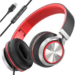 USB C Headphones with Mic and Volume Control, Over Ear Stereo Headsets for iPhone 15 16 Pro, Wired Foldable Headphones for Smartphones Chromebook Laptop Tablets Travel(Black/Red)