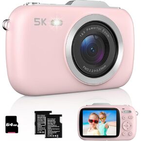Digital Camera, UHD 5K 80MP Point and Shoot Digital Cameras with 18X Digital Zoom, 64GB TF Card, Compact Small Camera for Kids (White)