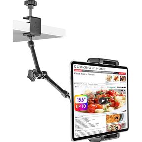 Kitchen Cabinet Tablet Mount - [Metal Adjustable Arm] Under Counter Tablet Holder for Desk Bed Stand with 1.26" Depth Large Clamp for iPad Pro 13 Air Mini, Galaxy, Fire, Switch, iPhone, 6-15.6" Device