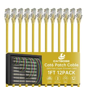 1 Foot Cat6 Patch Cable(12 Pack), Solid Pure Copper Patch Cord, Cat 6 Ethernet Cable, UTP Network, High Speed RJ45 Internet Cable, Compatible for Routers, Switches, PC, Servers, PS4/5, Xbox - Yellow