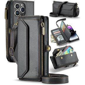 for iPhone 14 Wallet Case with Zipper Card Holder & Crossbody Lanyard Strap & Wrist Strap, RFID Blocking PU Leather Magnetic Flip Handbag Purse Case for iPhone 14 -Black
