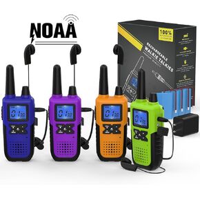 Walkie Talkies for Adults Long Range Rechargeable Walkie-Talkies - Long Distance 2 Way Radio Walkie Talkies 4 Pack Walkie Talkies with Earpiece Mic Set USB Charger Lanyard NOAA Weather Alert