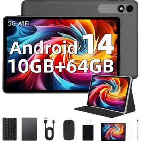 Tablet 10.1 Inch Android 14 Tablets, Octa Core Processor Tablet PC 10(4+6) GB RAM + 64 GB ROM 1TB Expand, 5G WiFi, 5MP+8MP Camera, 6000 mAh Battery, 3 in 1 Tablet with Keyboard, Mouse