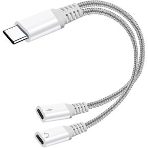 USB C Splitter USB C to 2 USB C Female Adapter USB Y Splitter Cable,One for Charging,One for Audio Port（Solve The Problem of not Being able to Charge When Using Headphones）