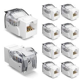 VCE Cat6 Keystone Jack Toolless 10-Pack, Slim Profile RJ45 Ethernet Punch Down Jack 90-Degree for UTP CAT6/CAT5E/CAT5 Network Cable, Keystone Wall Plate and Patch Panel, White
