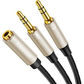 3.5mm Headphone Splitter for Computer Y Shape 1/8 Inch Aux 2 TRS Male to 1 TRRS Female Mic and Audio 4 Pole Headset Stereo Earphone Adapter Cable Cord Compatible with PC, Laptop, Gaming, etc