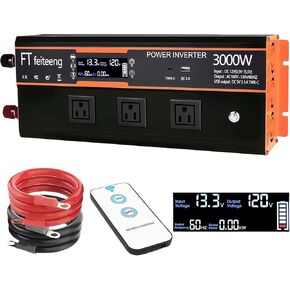 3000W Power Inverter, 12V DC to 110V/120V AC Converter, with LCD Display, Remote Control, Cable,USB Port, Dual Smart Fans, Suitable for Outdoor Use, Trucking, Camping, and Emergency Power Supply