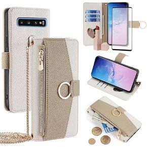 Asuwish Phone Case for Samsung Galaxy S10e Wallet Cover with Tempered Glass Screen Protector and Mirror Flip Cover Ring Credit Card Holder Crossbody Strap Stand Cell S 10e 10se Se10 Women Girls White